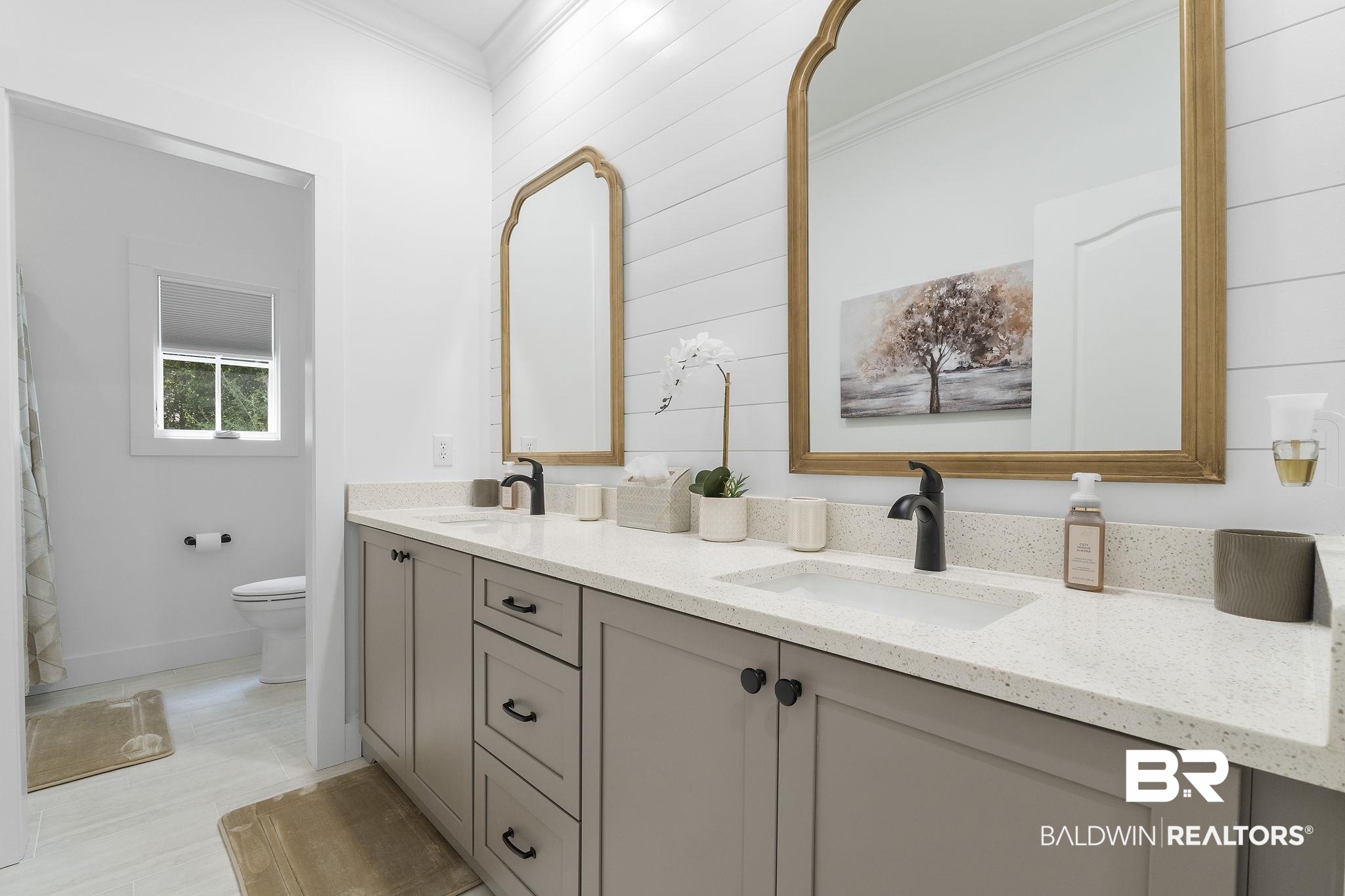 4451 Millhouse Road Gulf Shores, AL 36542 - Photo 36 of 50 Bathroom featuring dual vanity, toilet, and ornamental molding