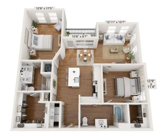 a living room with furniture kitchen view and a wooden floor