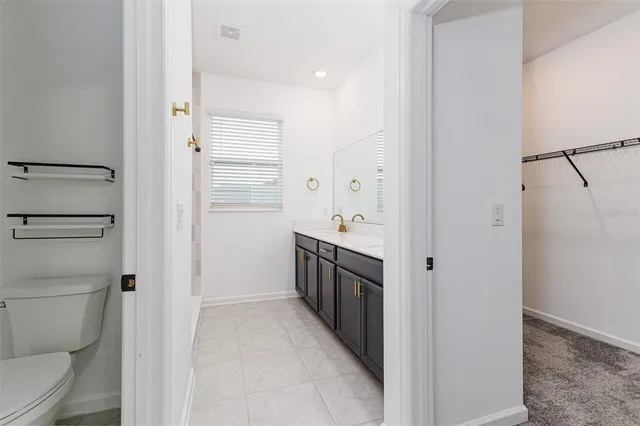a bathroom with a double vanity sink a toilet and shower