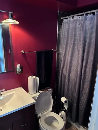 a bathroom with a toilet a sink and mirror