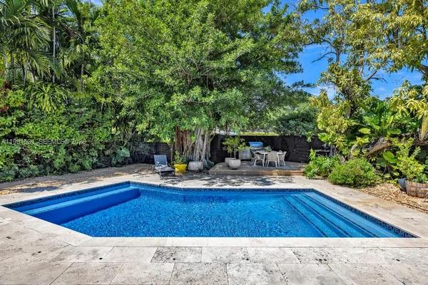 swimming pool view with a seating space