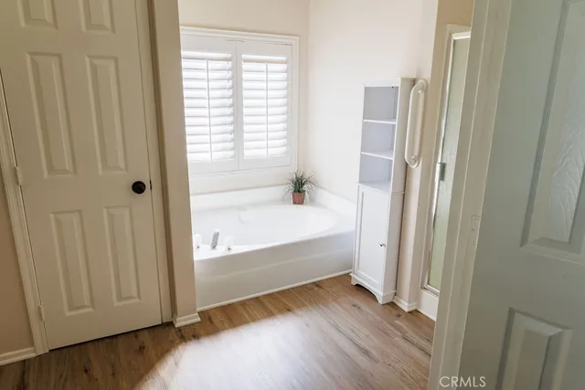 a bathroom with a bathtub and a shower