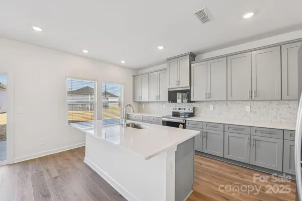 a kitchen with a sink cabinets and wooden floor