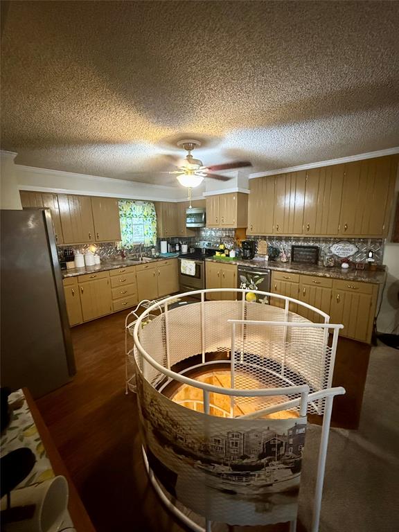 309 Broken Arrow Comanche, TX 76442 - Photo 15 of 33 Kitchen with appliances with stainless steel finishes, crown molding, a textured ceiling, backsplash, and ceiling fan