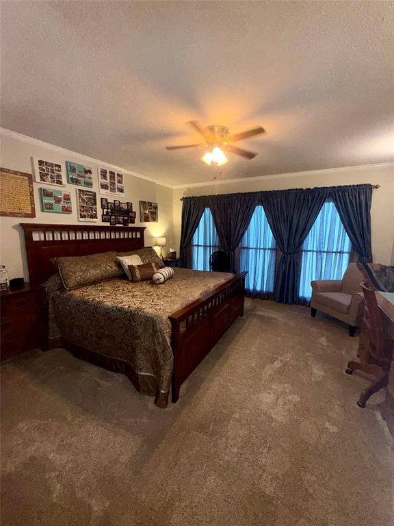 309 Broken Arrow Comanche, TX 76442 - Photo 5 of 33 Carpeted bedroom with a textured ceiling, a ceiling fan, and ornamental molding