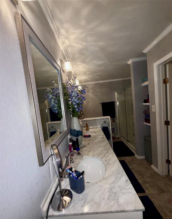 309 Broken Arrow Comanche, TX 76442 - Photo 7 of 33 Full bath with crown molding, double vanity, a stall shower, and dark tile patterned floors