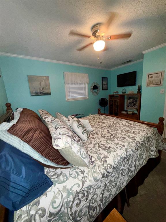 309 Broken Arrow Comanche, TX 76442 - Photo 10 of 33 Carpeted bedroom featuring a textured ceiling, crown molding, and a ceiling fan
