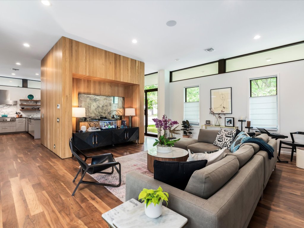 1703 Dexter Street Austin, TX 78704 - Photo 8 of 34 Living room featuring dark wood-type flooring and recessed lighting