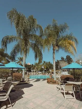 a view of a patio with a table and chairs under an umbrella