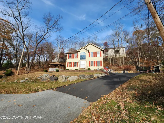a view of a town with large trees