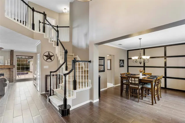 a view of a hallway with seating area