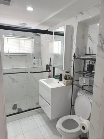 a bathroom with a sink a toilet and mirror