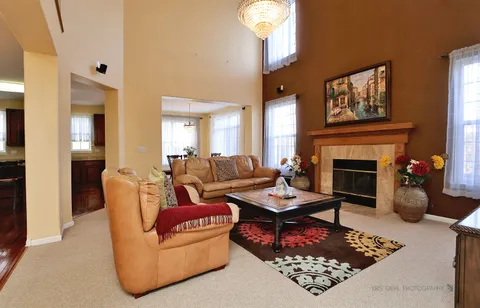 a living room with furniture a rug and a fireplace