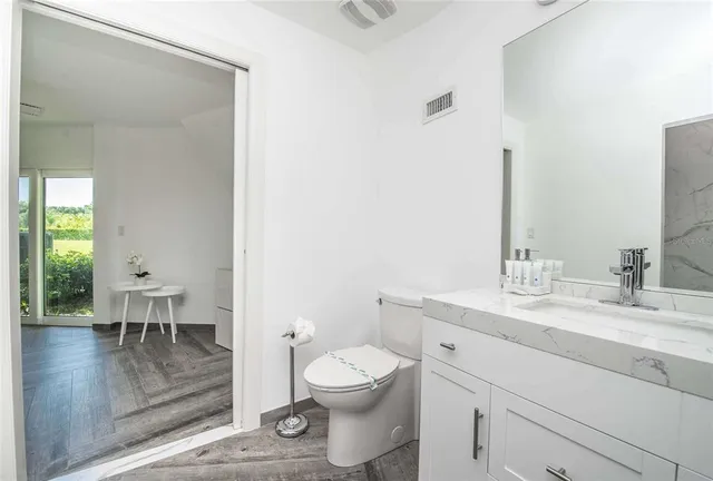 a bathroom with a sink mirror and toilet