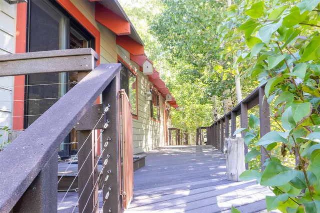 a view of a forest with mountains in the background