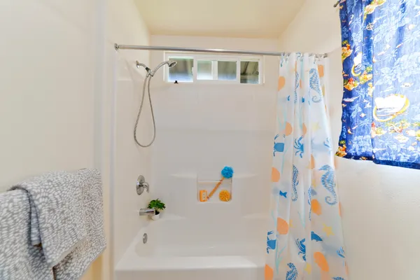 a bathroom with a bathtub and a shower curtain