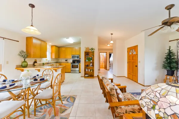 a view of a dining room with furniture