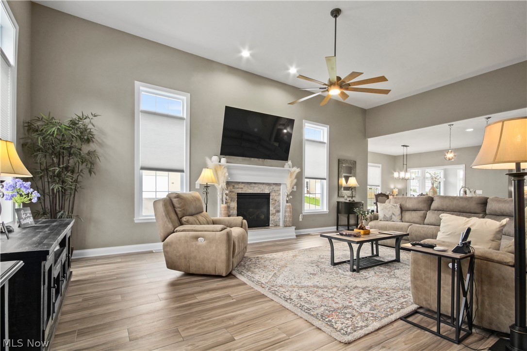 1805 East Western Reserve Road Youngstown, OH 44514 - Photo 22 of 31 Living room with ceiling fan with notable chandelier, light wood-type flooring, and a stone fireplace