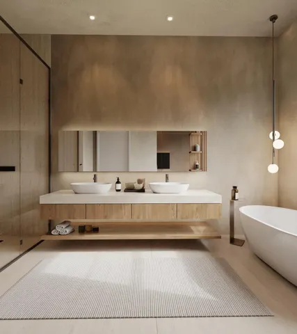 a bathroom with a double vanity sink mirror and bathtub