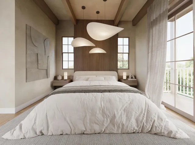 a bedroom with a bed and a large window