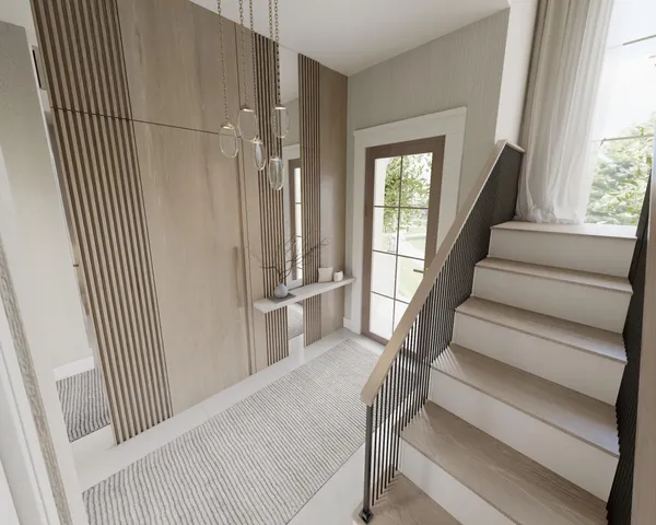 a view of a hallway with wooden floor and staircase