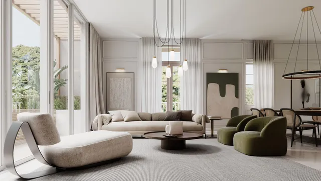 a living room with furniture and a chandelier