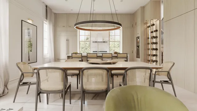 a dining room with a table chairs and a chandelier