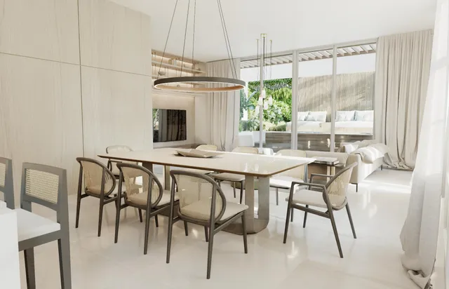 a view of a dining room with furniture window and outside view
