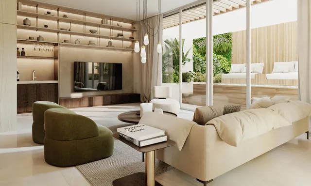 a living room with furniture and a large window