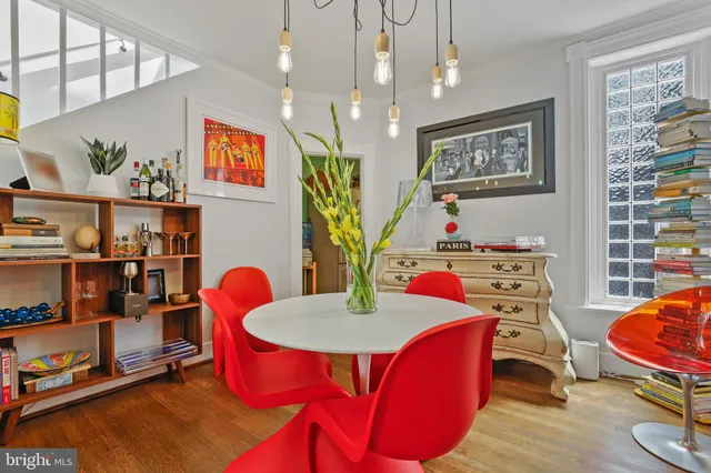 a view of a dining room with furniture