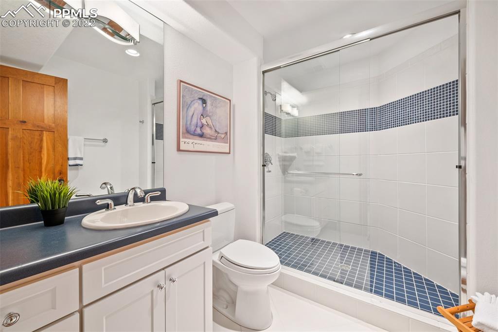 3833 Lorraine Road Larkspur, CO 80118 - Photo 25 of 40 a bathroom with a sink a toilet and shower