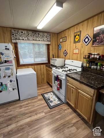 367 East Rio Grande Avenue Marysvale, UT 84750 - Photo 25 of 34 Kitchen with white appliances, a textured ceiling, wood walls, light wood-style flooring, and dark stone counters