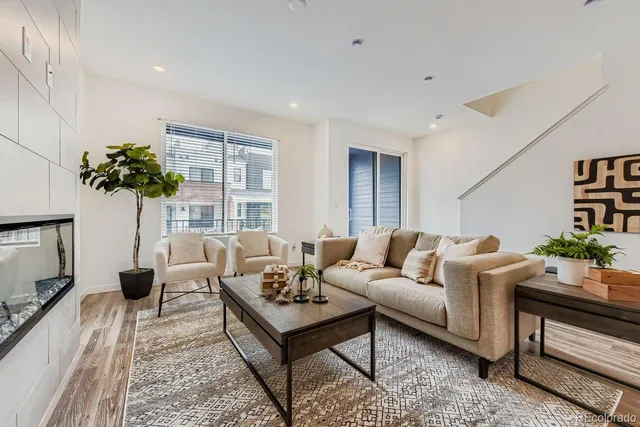 a living room with furniture and a potted plant