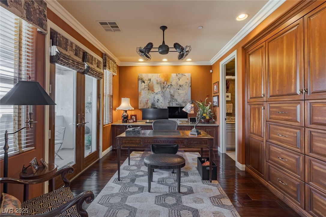 11280 Granite Ridge Drive, Unit 1057 Las Vegas, NV 89135 - Photo 23 of 46 Home office featuring crown molding, dark wood finished floors, recessed lighting, and french doors