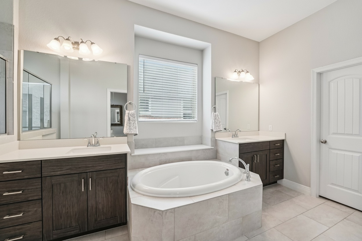 17820 Limestone Spring Lane Austin, TX 78738 - Photo 12 of 35 a bathroom with a tub a sink double vanity and a mirror