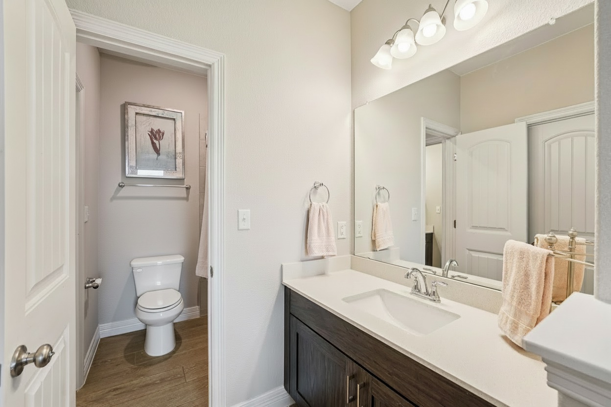 17820 Limestone Spring Lane Austin, TX 78738 - Photo 16 of 35 a bathroom with a granite countertop sink a toilet and a mirror