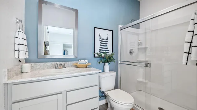 a bathroom with a sink toilet vanity and shower