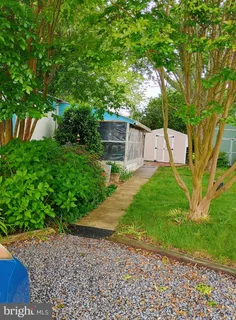 a view of a backyard with a small cabin