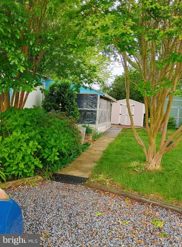a view of a backyard with a small cabin