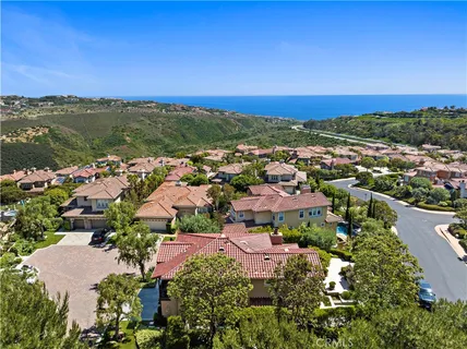 an aerial view of residential houses with outdoor space and ocean