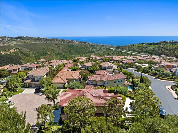 an aerial view of residential houses with outdoor space and ocean