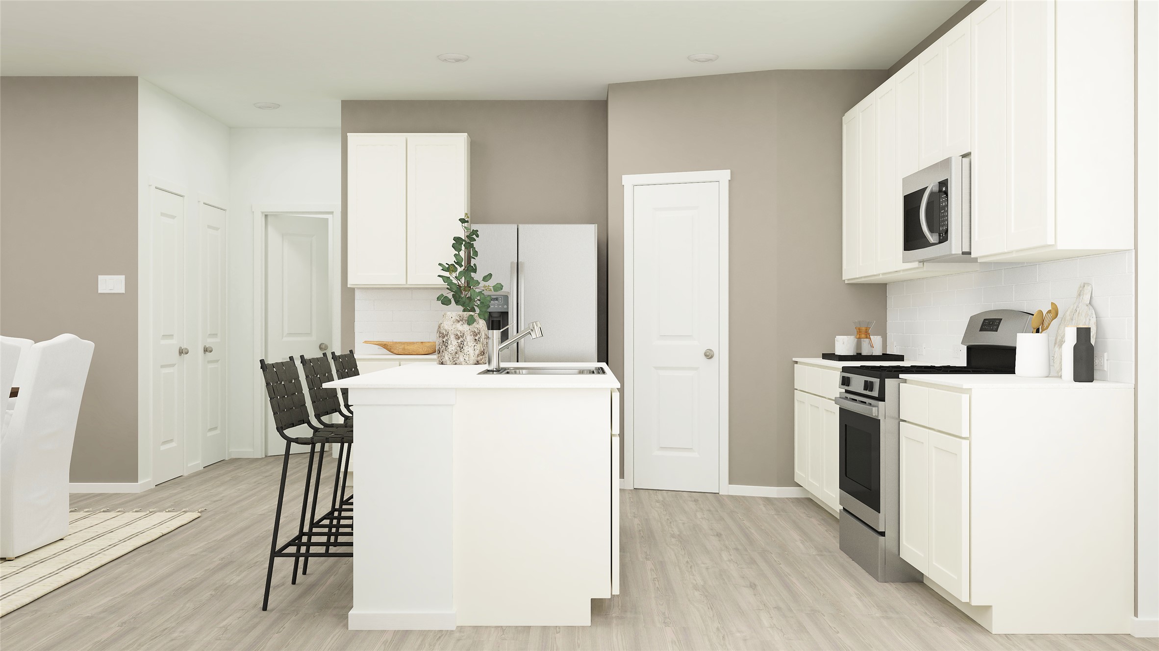 13408 Trumpet Creeper Drive Elgin, TX 78621 - Photo 20 of 32 a kitchen with kitchen island a stove a refrigerator and a dining table with wooden floor