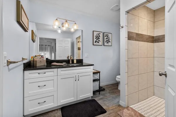 a bathroom with a sink a toilet and mirror
