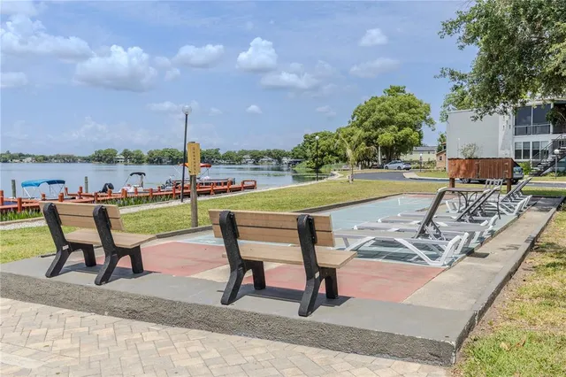 a garden view with a seating space