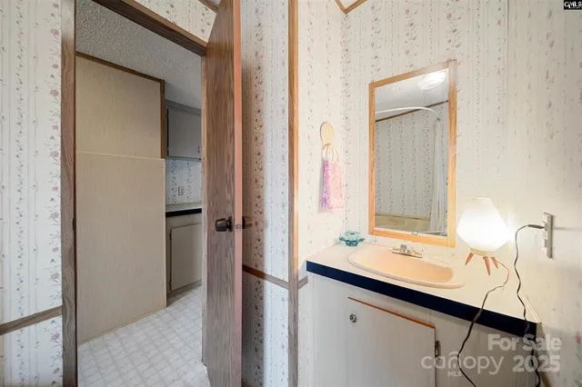 a bathroom with a sink and a mirror
