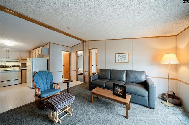 a living room with furniture and a lamp