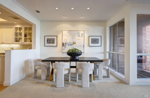 a view of a dining room with furniture