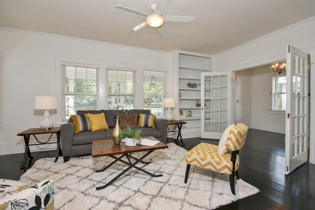 2302 Fairview Road Raleigh, NC 27608 - Photo 6 of 25 Living Room view of entry through lovely French Doors. Living Room