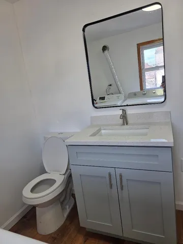 a bathroom with a toilet a sink and mirror