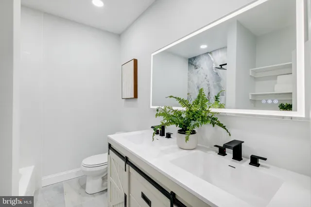 a bathroom with a sink a toilet and mirror